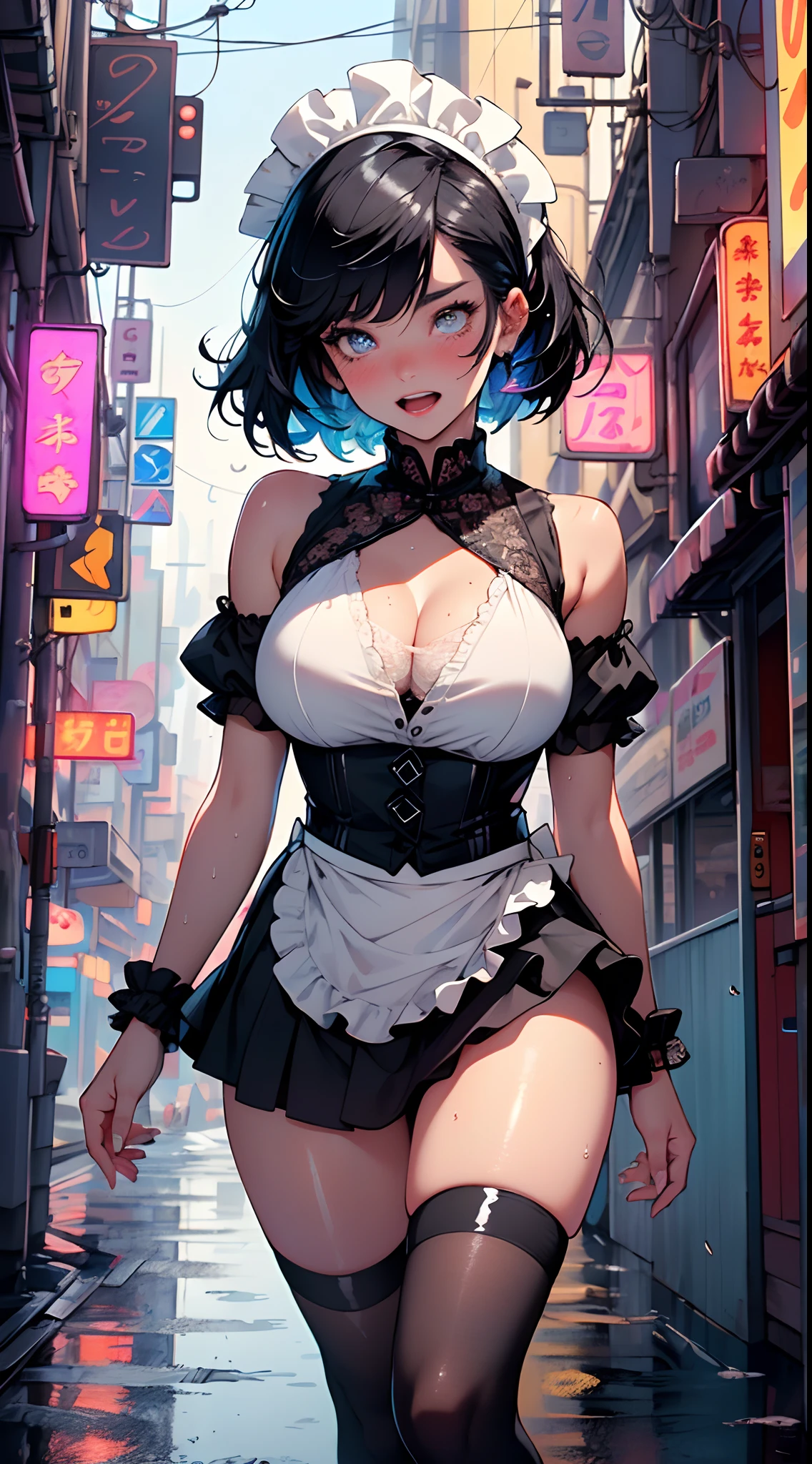 maid girl,((1girl)),((maid girl with extremely cute and beautiful black hair)),
(large breasts:1.4),bountiful breasts,fluffy breasts,H cup bust,bust up,bulging bust top,(((black bob hair:1.35,colored inner hair,short hair,ear breathing))),((heterochromia:1.5, (purple_eye and blue_eye))),big eyes:1.3,((fat)),(((lustrous skin:1.5,bright skin: 1.5,skin tanned,shiny skin,very shiny skin,shiny body,plastic glitter skin,exaggerated shiny skin,illuminated skin,wet legs))),(spider lower abdomen,narrow waist,wide hip,athletic body,inflated legs,detailed body,(detailed face)),((perfect feminine face)),
cute,slutty,seductive,erotic,((nsfw)),
zettai ryouiki,(maid headdress),maid uniform,Headdress,(maid),sleeveless,mini skirt,boots,cleavage cutout,bare legs,clothes with a lot of lace frills,((wet clothes,intricate outfit,intricate clothes)),
(dynamic pose:1.0),solo focus,embarrassed,blush,sweat,((tears,open mouth)),moist eyes,(centered,scale to fit dimensions,Rule of thirds),
cyberpunk city by the ocean at night, with bright neon signs and dark stormy clouds and puddles, scenery:1.25,nighttime, starry night, cosmos,Very dark night that makes the neon lights stand out, very bright neon lights,
artistic photography,(photography taken by sldr),highres, sharp focus,(ultra detailed, extremely detailed), (photorealistic artwork:1.37),(extremely detailed CG unity 8k wallpaper),((synthwave background theme)),(((vibrant colors))),intricate,(intricate background),(masterpiece),(best quality),perfect rendered face,perfect face details,realistic face,photo realistic,analog style,((intricate detail)),(((realism))),