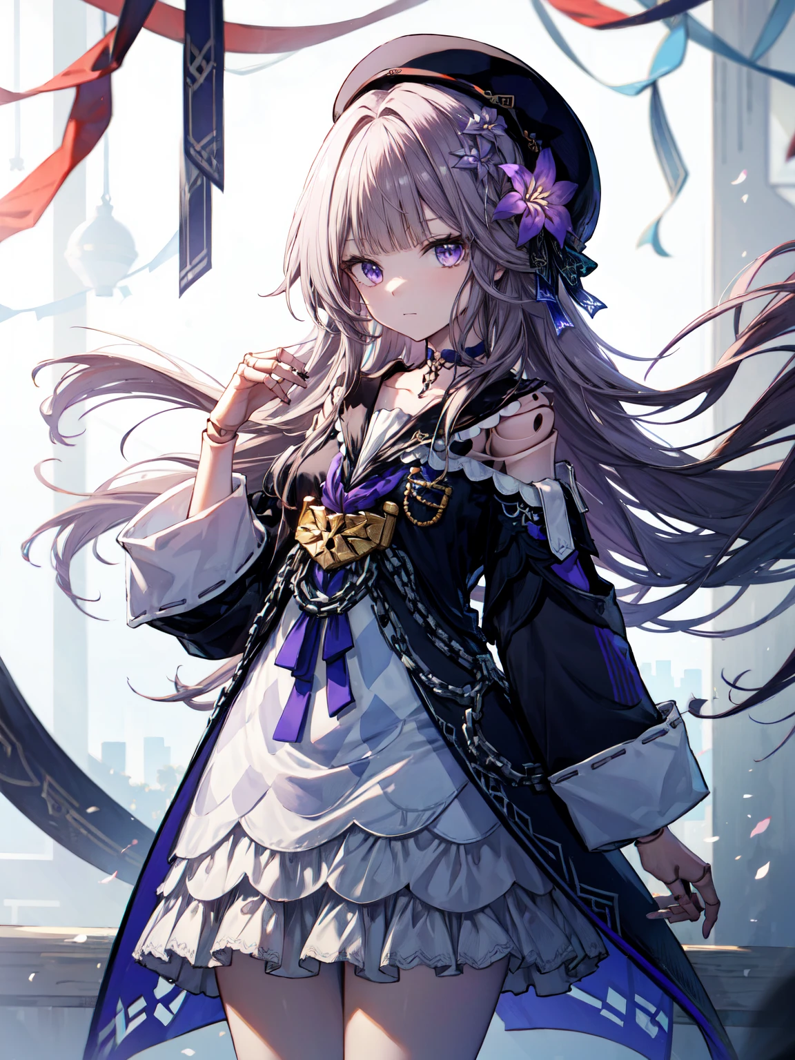 masterpiece, best quality, ultra-detailed, illustration, 1girl, solo,  herta /(honkai star rail/), grey hair, long hair, purple eyes, doll joints, small breasts, purple hair flower, beret, single earring, choker, collarbone, hertadress, black jacket, long sleeves, purple ribbon, frills, white dress, checkered dress, tailcoat, cowboy shot, thighs