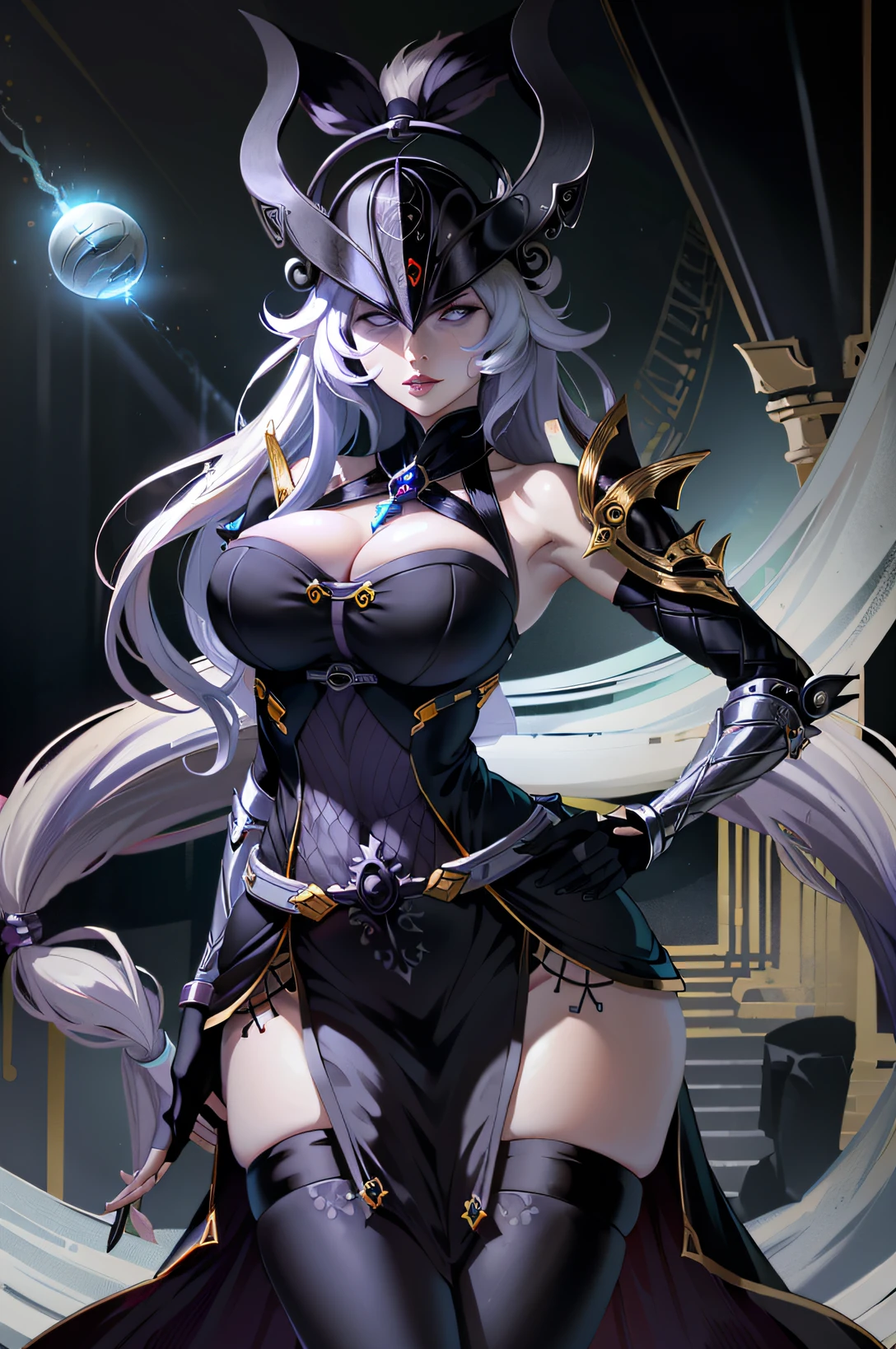 (masutepiece, Best Quality:1.3)
Smite Knox, 1girl in, Solo, Long hair, breasts, Looking at Viewer, Large breasts, thighs thighs thighs thighs, gloves, cleavage, medium breasts, Very long hair, Purple eyes, White hair, Parted lips, Black Gloves, elbow groves, black thighhighs, Fingerless gloves, nail polish, armor, Lips, Fingernails, makeup, helmets, lip stick, Shoulder Armor, pauldrons, vambraces, forehead gem, orbs, forehead protector, Lightning, Energy Ball, Ear protection