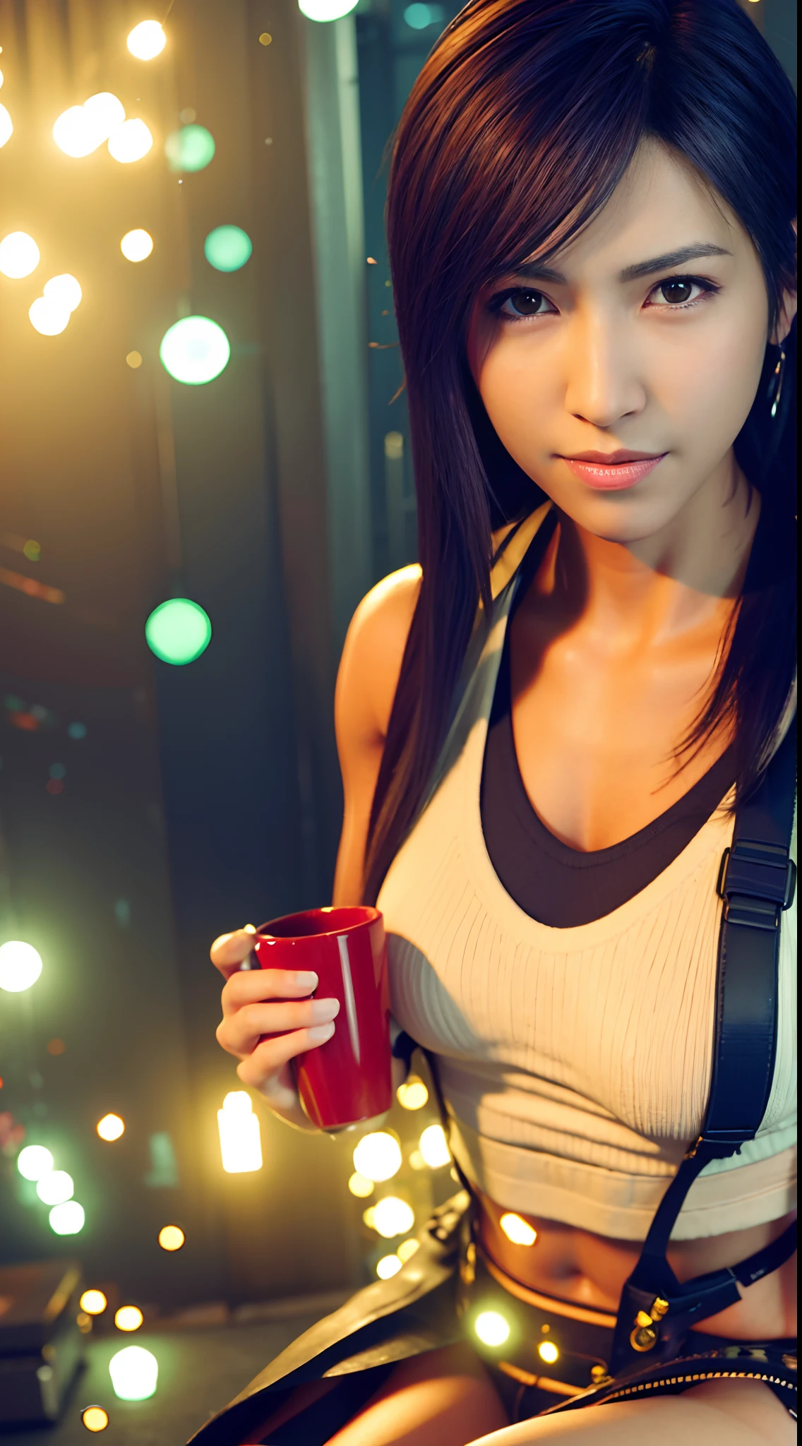 (8K, Best quality, Masterpiece:1.2), (Realistic, photo-realistic:1.37), Ultra-detailed, 《Final Fantasy VII Remake》Detailed portrait of Zhongtifa Lockhart，Sit in a fine café in the middle of the cityscape on a date, Looks cute and alone，There are beautiful details of eyes and nose blush. She wears an elbow pad, Ankle boots, a black skirt, black thigh highs, and red boots, Together with elbow gloves, elbow pads, and fingerless gloves. Her outfits include sports bras, suspender skirt, thigh high, and white vests. Her entire body can be seen，Her head rested on her hand, Show off her pretty face, low-tied long hair, and lips. The scene is illuminated by professional lighting, フォトンマッピング, and radiosity, Tetsuya Nomura style and network futuristic feel. The background features yellow flowers and bokeh effects. Tifa smiled slightly，Closed his mouth.