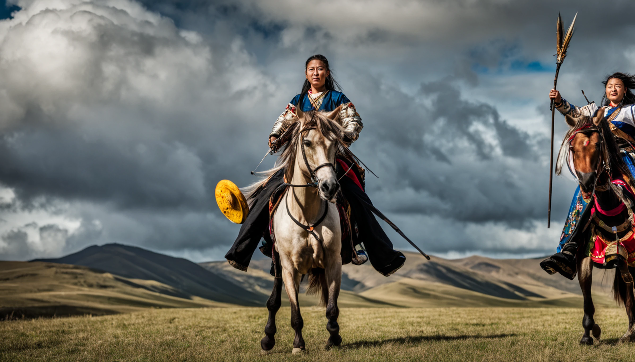 Tiro longo hiper realista. Khutulun Mongol Princesa, Poderoso e determinado, Luta, vasta paisagem mongol, beijado pelo sol, showcasing their unmatched strength and resilience. --V 5 --com 16:9 --q 1