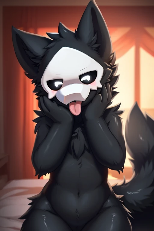 by chano, by cheesefries, by sanu, puro, (solo, solo focus, pov, first person view), anthro, male, slime boy, goo creature, black body, black fur, monotone fur, monotone body, white mask, black sclera, white eyes, black slime, glistening body, wolf ears, wolf tail, (huge fluffy tail), snout, thin, girly, femboy, bottom heavy, wide hips, thick thighs, (nude), seductive, tongue out, grey tongue, fluffy fur, fluffy tail, fluffy, standing, facing viewer, looking at viewer, detailed background, yandere, (hands on face, yandere trance:1), warm lighting, soft lighting, vignette, romantic ambiance, aura