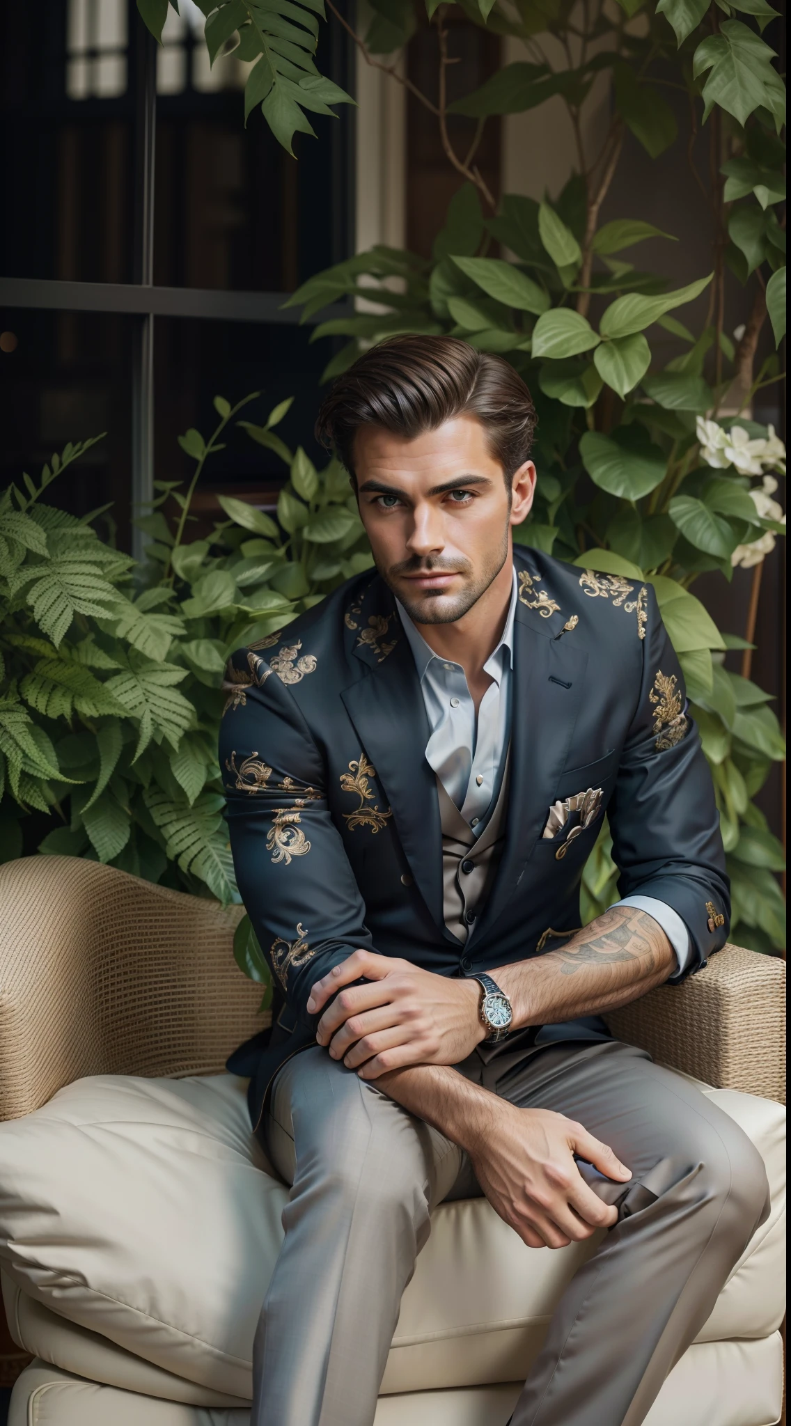 A professional photographic image of A handsome business man sitting comfortably in the armchair, wearing a sophisticated dark suit, looking directly at the camera, highlighting his expressive face and his elegance, highly detailed, elegant, DSLR, canon, pinterest, artstation, smooth, sharp focus, 8k,full shot, 105mm portrait lens,