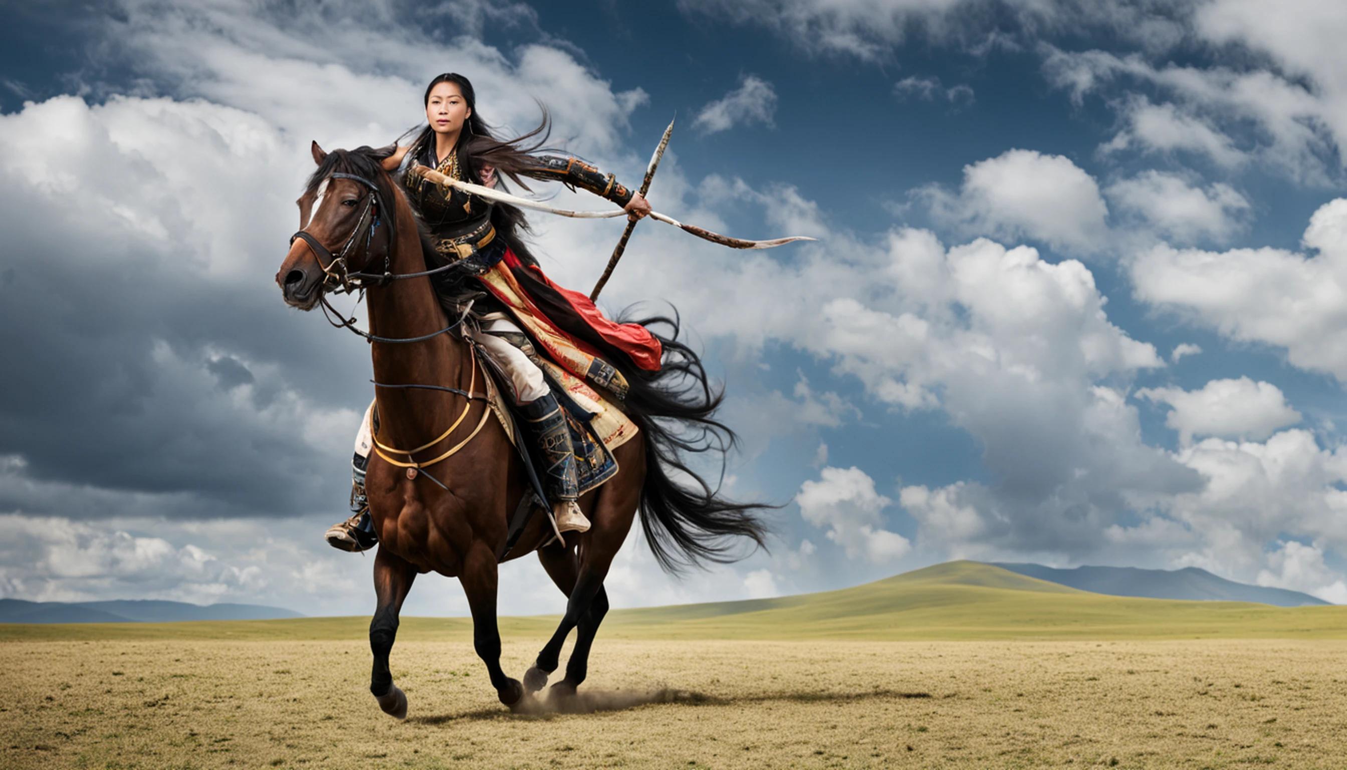 Tiro longo hiper realista. Khutulun Mongol Princesa, Poderoso e determinado, Luta, vasta paisagem mongol, beijado pelo sol, showcasing their unmatched strength and resilience. --V 5 --com 16:9 --q 1