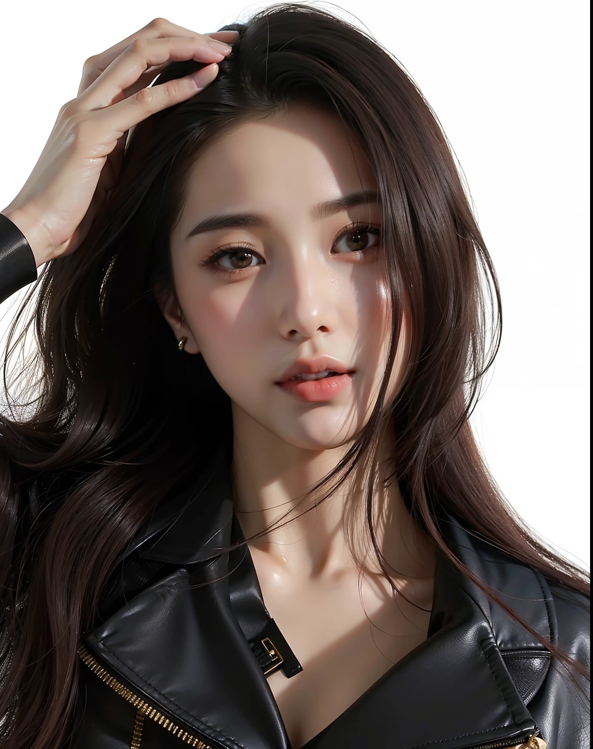 Araffe mulher com cabelo escuro longo vestindo uma jaqueta de couro preta, Xianxia, ventilador Bingbing, Li Bingbing, Xision Wu, Lulu Chen, Gongbi, yun ling, Sha Xi, Artgerm e Ruan Jia, Mulher sul-coreana bonita, Xianxia fantasia, Wenfei Ye, Li Zixin, inspirado em Zhang Yin