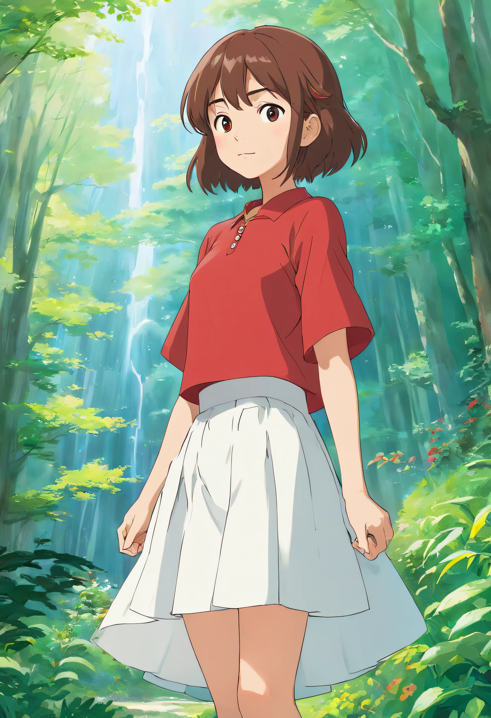 Anime girl in red shirt and white skirt standing in front of white background, chihiro! fujisaki, studio ghibli and shinkai makoto, style in ghibli anime style, In Studio Ghibli style, style in ghibli anime, in style of ghibli, Female protagonist 👀 :8, from the studio ghibli film, studio ghibli artstyle, lain iwakura,Side whole body