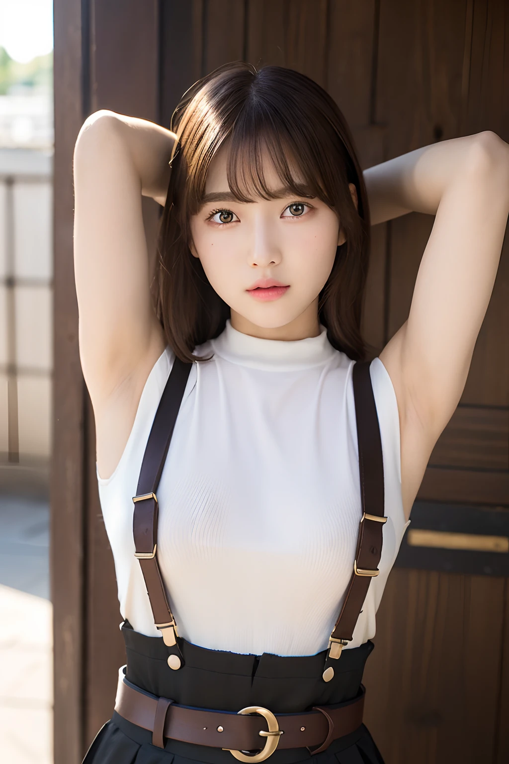 ​masterpiece、flat-colors、depth of fields、lens flare 1 girl、、Brown hair、watching at viewers　　　black suspenders　　　bulging big breasts　　　 　 Armpit sweat　perspiring　Side of both hands　　walls: 　Black miniskirt　garterbelts　　　　　　Gaze　　　Small face　Bangs Upper Eyes　flank　　Rat-colored eyes　　holster　　a belt