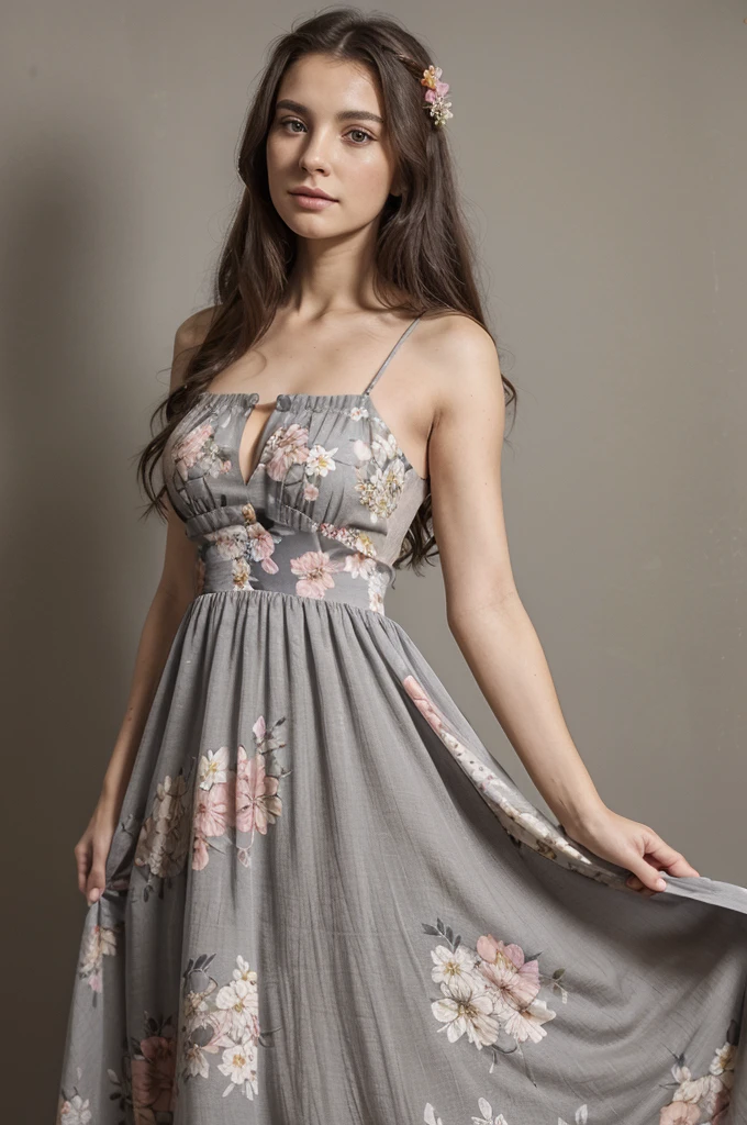 Masterpiece, better quality, portrait, front view, half body, ((beautiful woman)) wearing ((long dress)), ((dress with floral print)), profile, lookindo to side, hands crossed, ((grey background))