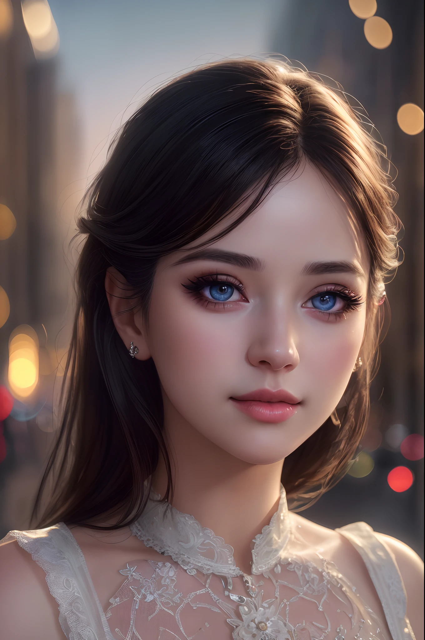 (best quality,4k,8k,highres,masterpiece:1.2), ultra-detailed, realistic, HDR, studio lighting, professional, vivid colors, bokeh, portraits, romantic atmosphere, detailed eyes, detailed lips, beautiful face, long eyelashes, loving expression, detailed cityscape