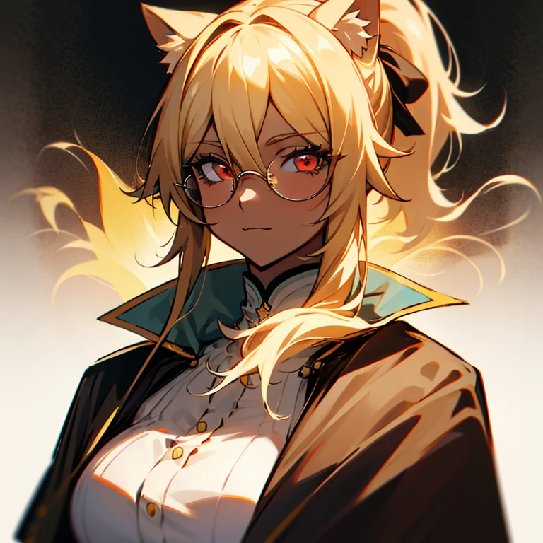 1girl, solo, upper body, mature, mature female, milf, blonde hair, long hair, hair ribbon, red eyes, long eyelashes, thick eyelashes, looking at viewer, :3, white background, cat ears, glasses, hair between eyes , dark skin, thin eyebrows,