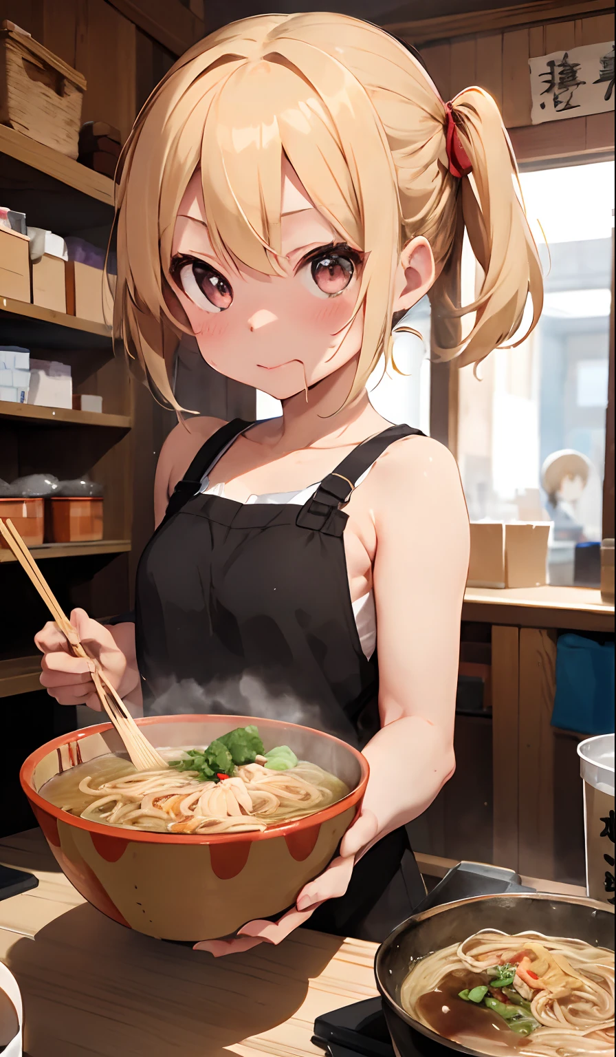 {ramen,Thin noodles}{Chopsticks},{garments,Sleeveless,}{girl1}{emotive,mouth-watering}, 4K picture quality, cinematic quality,Ramen shop,{10ars old girl},{tiny body},{Gamine} a blond,cute little,flush