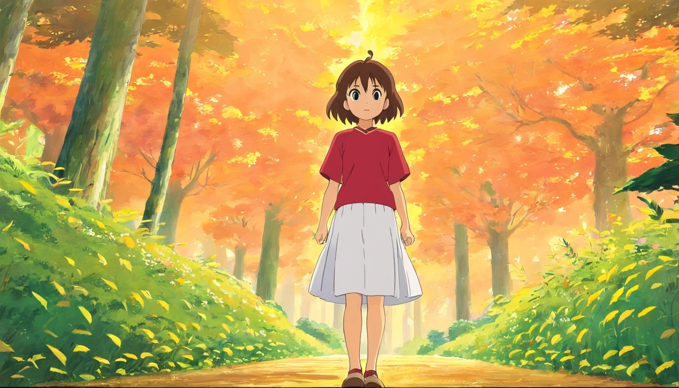 Anime girl in red shirt and white skirt standing in front of white background, chihiro! fujisaki, studio ghibli and shinkai makoto, style in ghibli anime style, In Studio Ghibli style, style in ghibli anime, in style of ghibli, Female protagonist 👀 :8, from the studio ghibli film, studio ghibli artstyle, lain iwakura,Back full body