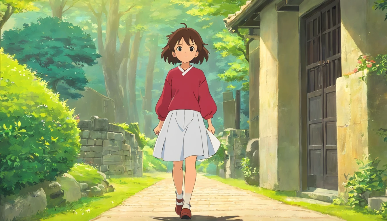 Anime girl in red shirt and white skirt standing in front of white background, chihiro! fujisaki, studio ghibli and shinkai makoto, style in ghibli anime style, In Studio Ghibli style, style in ghibli anime, in style of ghibli, Female protagonist 👀 :8, from the studio ghibli film, studio ghibli artstyle, lain iwakura，Back full body