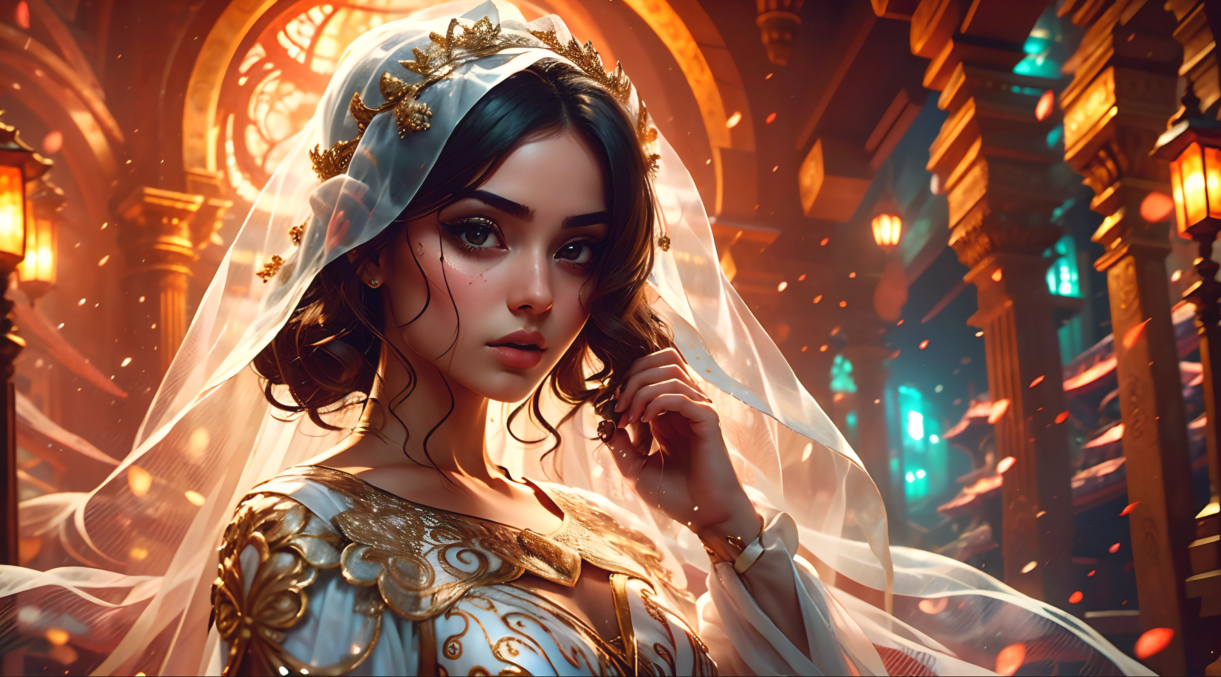 (melhor qualidade, highres: 1.2), ultra-detalhado, (realista: 1.37), A little girl lifting her bridal veil with her hands, close-up, olhos detalhados e rosto, beautiful detailed lips, long eyeslashes, retrato, looking towards you, lace veil, vestido de noiva branco, anel de casamento, bordado de renda delicado, cores vivas, soft-lighting