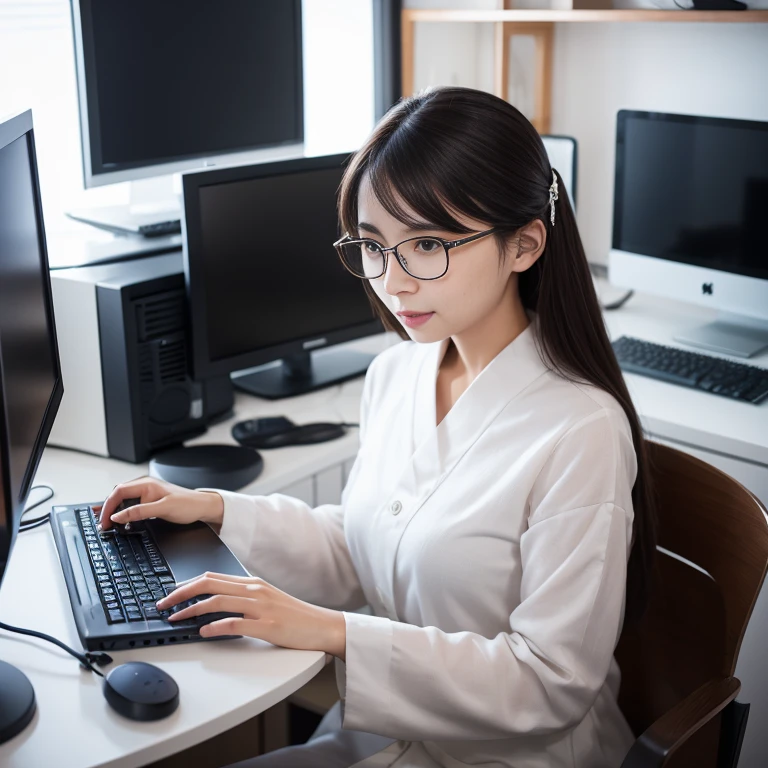 femele、Women at work、personal computers、eye glass、japanes、masutepiece、is wearing、Beautuful Women