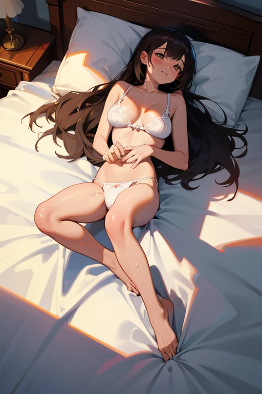 nsfw, 1 girl, solo, dark hair, long hair, lying on back, in lingerie, white bra, white panties, wet, (wet panties:1.3), messy lingerie, bra pulled up over, (background: on bed in bedroom), big breasts:1.3, embarrassed face, blushing, writhing Face, Beautiful girl, Sweaty wet skin: 1.3, From above, Full body, Sunset, High quality, High resolution, Detailed, Masterpiece