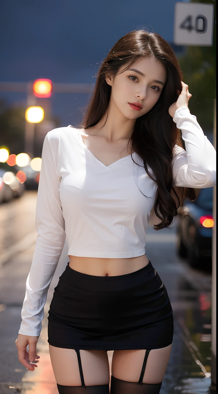 ((Realistic lighting, Best Quality, 8K, Masterpiece: 1.3)), Focus: 1.2, 1girl, Perfect Beauty: 1.4, Slim Abs: 1.1, (Big Breasts), (White Shirt: 1.4), (Outdoor, Night: 1.1), City Street, Super Fine Face, Fine Eyes, Double Eyelids, (Over the Knee Black Stockings: 1.5), (Wet in the Rain, Wet: 1.2)