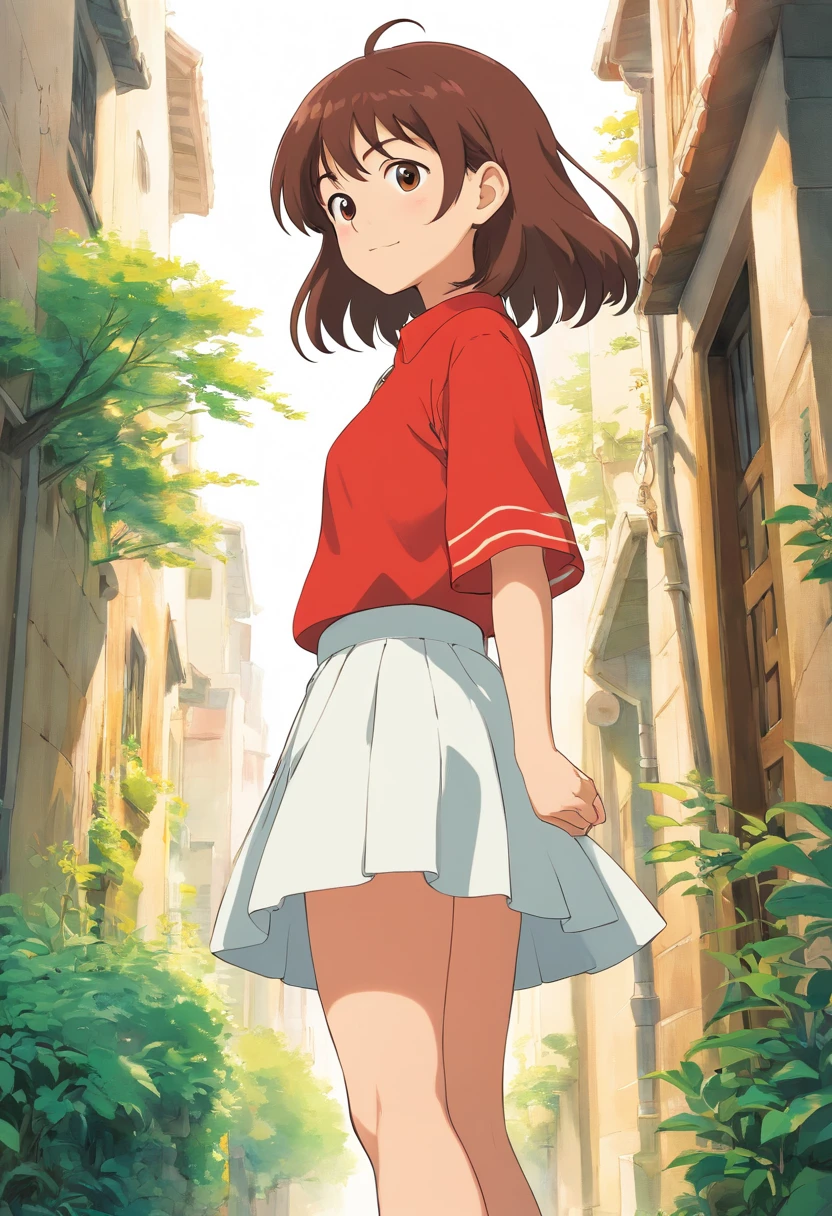 Anime girl in red shirt and white skirt standing in front of white background, chihiro! fujisaki, studio ghibli and shinkai makoto, style in ghibli anime style, In Studio Ghibli style, style in ghibli anime, in style of ghibli, Female protagonist 👀 :8, from the studio ghibli film, studio ghibli artstyle, lain iwakura,on back
