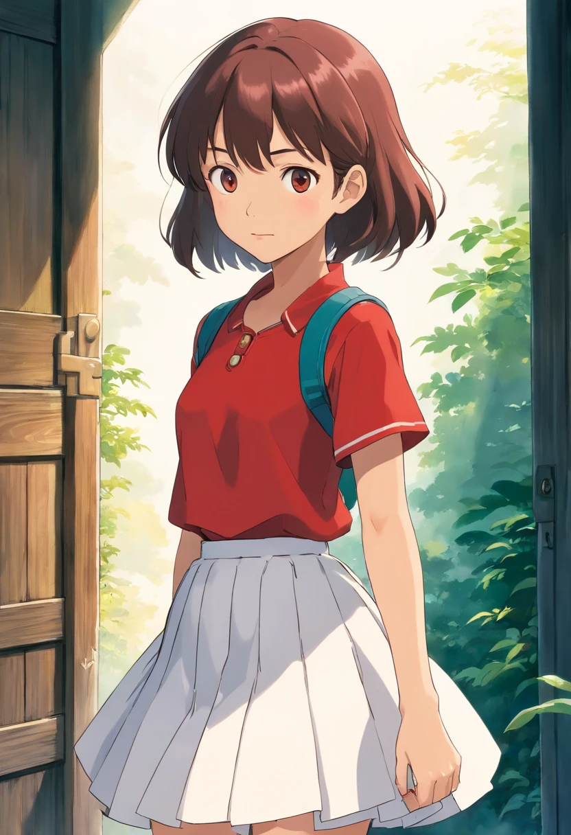 Anime girl in red shirt and white skirt standing in front of white background, chihiro! fujisaki, studio ghibli and shinkai makoto, style in ghibli anime style, In Studio Ghibli style, style in ghibli anime, in style of ghibli, Female protagonist 👀 :8, from the studio ghibli film, studio ghibli artstyle, lain iwakura,on back