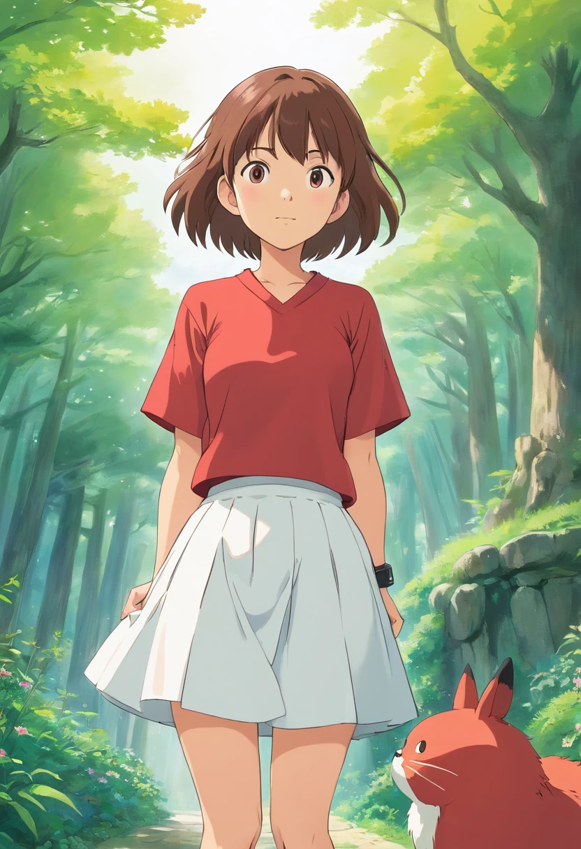 Anime girl in red shirt and white skirt standing in front of white background, chihiro! fujisaki, studio ghibli and shinkai makoto, style in ghibli anime style, In Studio Ghibli style, style in ghibli anime, in style of ghibli, Female protagonist 👀 :8, from the studio ghibli film, studio ghibli artstyle, lain iwakura,on back