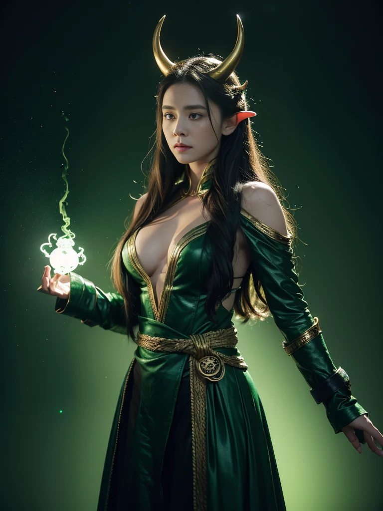 Loki , Women , Horned golden crown, Good shape , mediuml breasts, Few pieces of clothing, A green-and-black rope is wrapped around it., Green Power, lighting green, Green and black space background, Magic, fantasy, motion picture, lifelike,