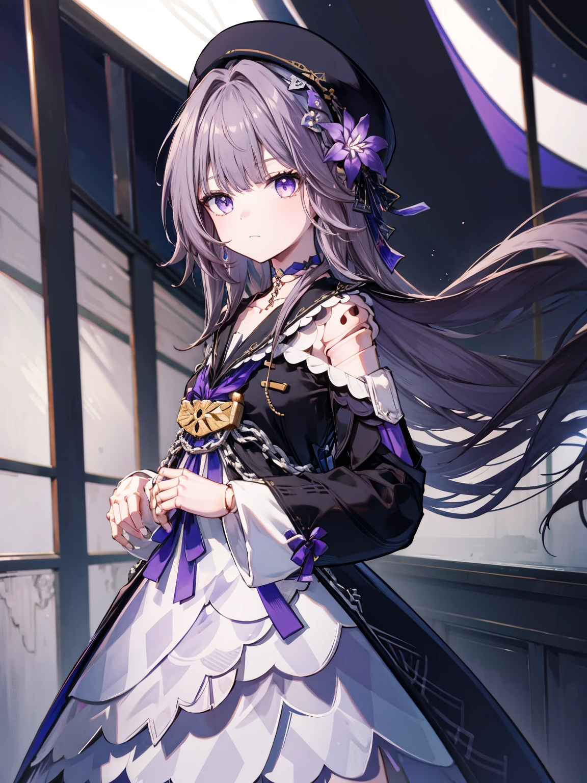 masterpiece, best quality, ultra-detailed, illustration, 1girl, solo,  herta /(honkai star rail/), grey hair, long hair, purple eyes, doll joints, small breasts, purple hair flower, beret, single earring, choker, collarbone, hertadress, black jacket, long sleeves, purple ribbon, frills, white dress, checkered dress, tailcoat, (half body adaptable:1.9)