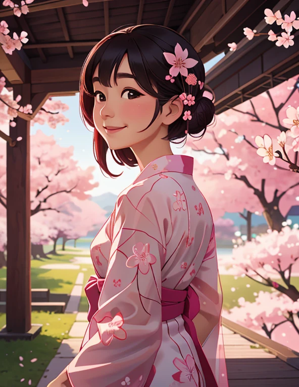 1girl, solo, smile, look away, beautiful see-through Yukata, delicate pattern, beautiful neck , complex background, cherry blossom (masterpiece, best quality:1.2), scenery,