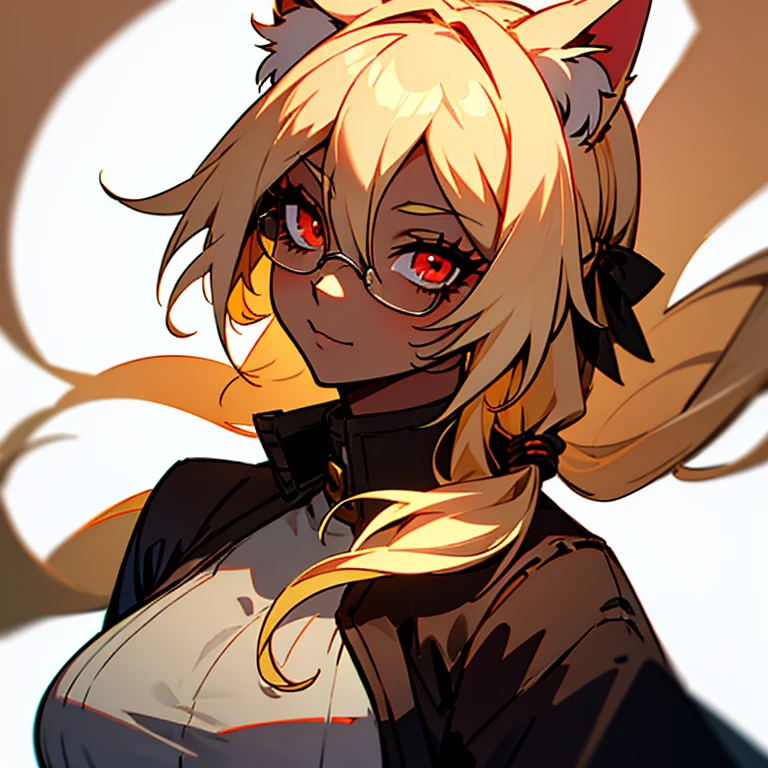 1girl, solo, upper body, mature, mature female, milf, blonde hair, long hair, hair ribbon, red eyes, long eyelashes, thick eyelashes, looking at viewer, :3, white background, cat ears, glasses, hair between eyes , dark skin, thin eyebrows,