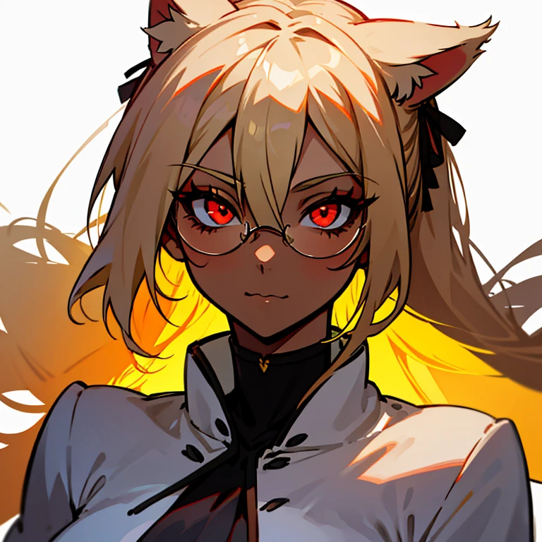 1girl, solo, upper body, mature, mature female, milf, blonde hair, long hair, hair ribbon, red eyes, long eyelashes, thick eyelashes, looking at viewer, :3, white background, cat ears, glasses, hair between eyes , dark skin, thin eyebrows,