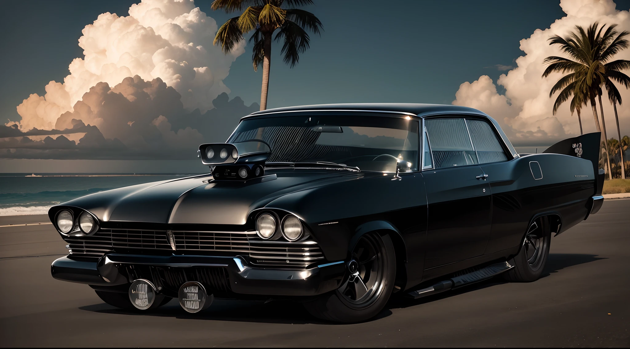 Imponente Preto Pontiac 1965 Show Car, enormes rodas BBS, Ridiculously low posture parked near palm trees and beautiful mansions with oceanfront balconies with the sun shining and reflecting everywhere and on the yachts in the background in sunny California