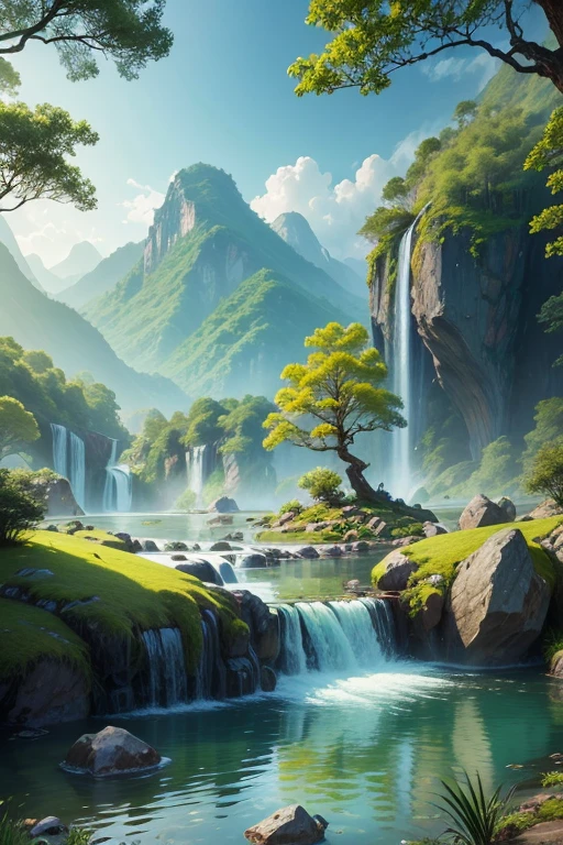 Chinese Ancient Times、springtime、jungles、lakes、mountain stream、flowingwater，The tree、grass field、boulders、hydrosphere ，The light is gentle，The highest image quality