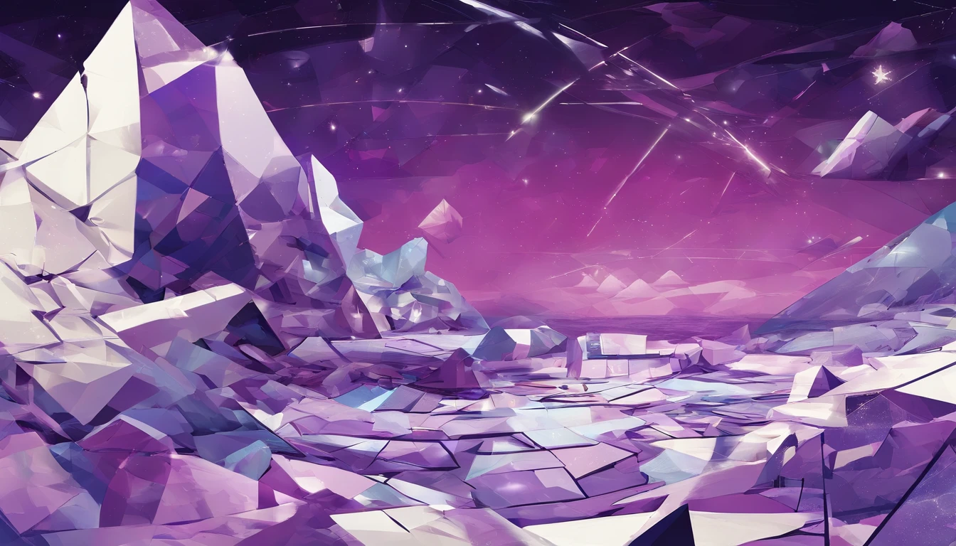 wasteland, icebergs, night sky, starry sky, surreal sky, floating objects, purple, white, silver, ominous, vacant