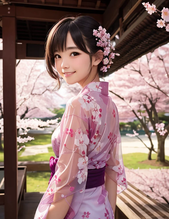 1girl, solo, smile, look away, beautiful see-through Yukata, delicate pattern, beautiful neck , complex background, cherry blossom (masterpiece, best quality:1.2), scenery, (magazine:1.3), (cover-style:1.3)