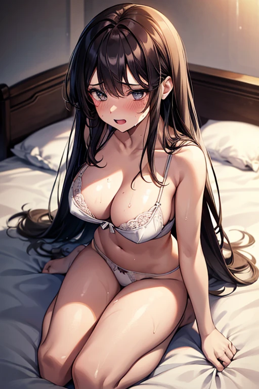 nsfw, 1 girl, solo, dark hair, long hair, lying on back, in lingerie, white bra, white panties, wet, (wet panties:1.3), messy lingerie, bra pulled up, (background: on bed in bedroom), big breasts:1.4, (breast exposure:1.0), Embarrassed face, Blushing, Writhing face, Beautiful girl, Sweaty wet skin: 1.3, From above, Full body, Sunset, High quality, High resolution, Highly detailed, Masterpiece