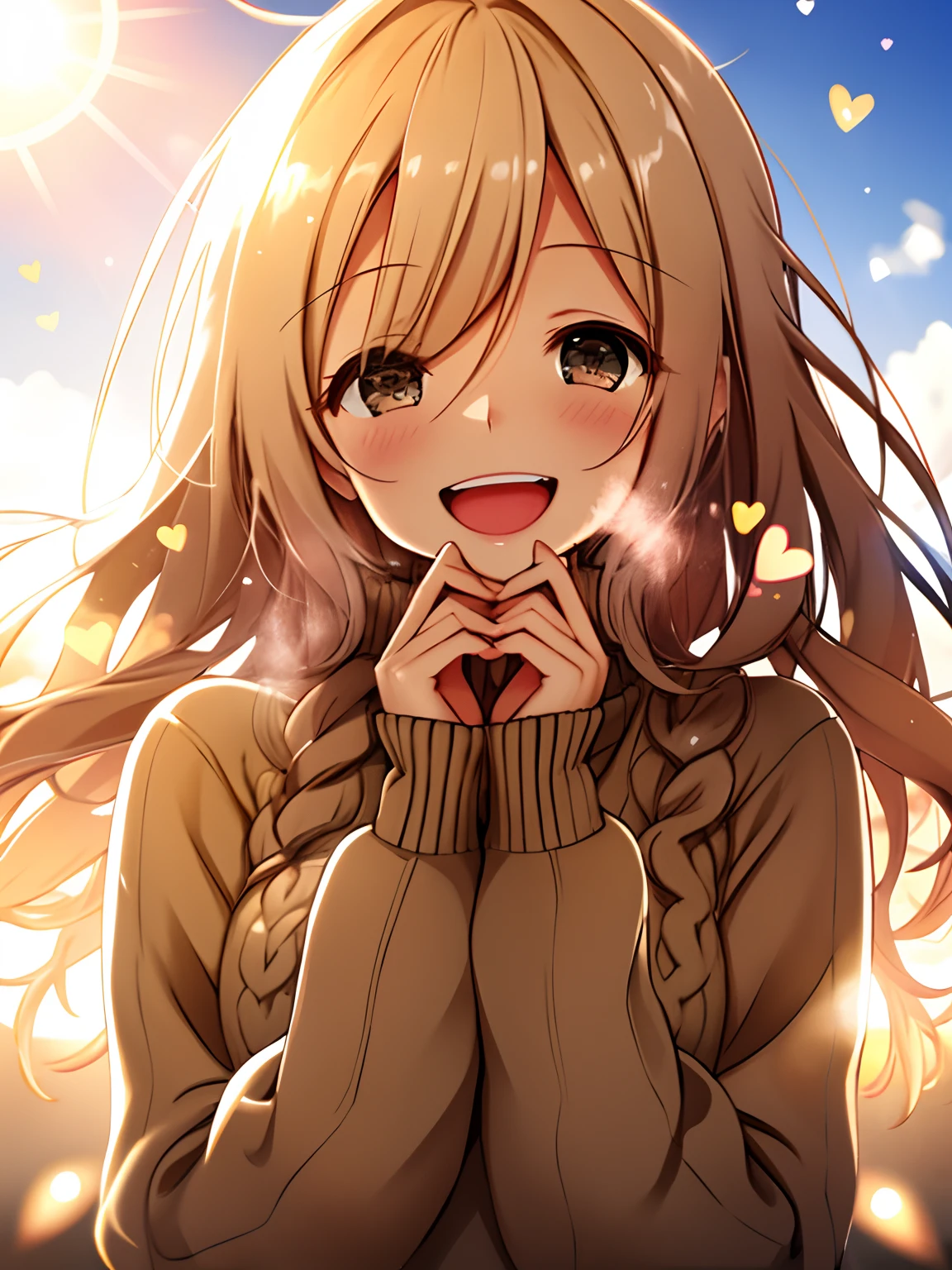 a girl, cosy sweater on, upper body, (huge Laughing:1.1), (open mouth:1.1), (wide open eyes:1.2), sun glare, bokeh, depth of field, blurry background, light particles, strong wind, (heart particles:1.1)