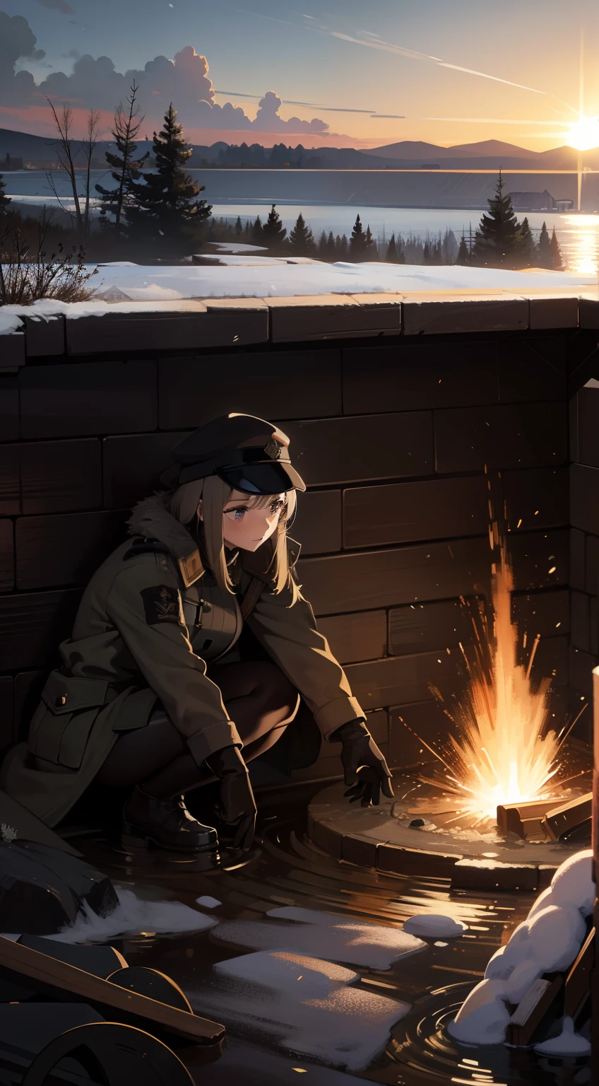 WW1, trench warfare, in trench, {{{best quality, high resolution, ultra-detailed, perfect anatomy, super detailed background}}}, 2girl, muddy water, winter coat, BDU, explosion in the distance, character focus