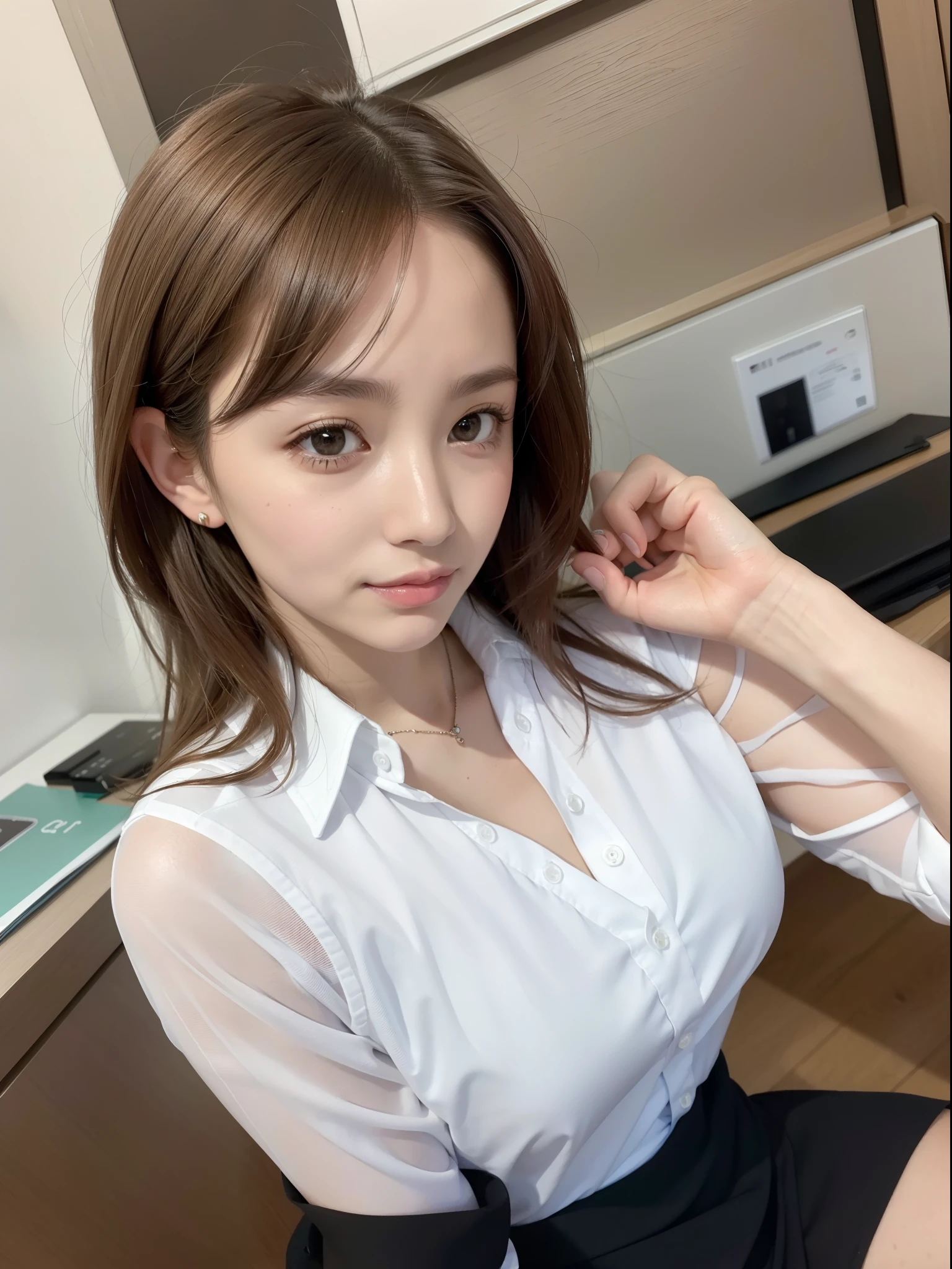 ((of the highest quality, 8K, masutepiece: 1.3, Raw photo)), Sharp Focus: 1.2, (1 AESPA Girl :1.1), Solo, (Realistic, Photorealistic: 1.37), (Face Focus: 1.1), Cute face, hyperdetailed face, (short messy hair: 1.2), updo, Small Smile, Small breasts, flat chest, sitting floor, office lobby, shirt