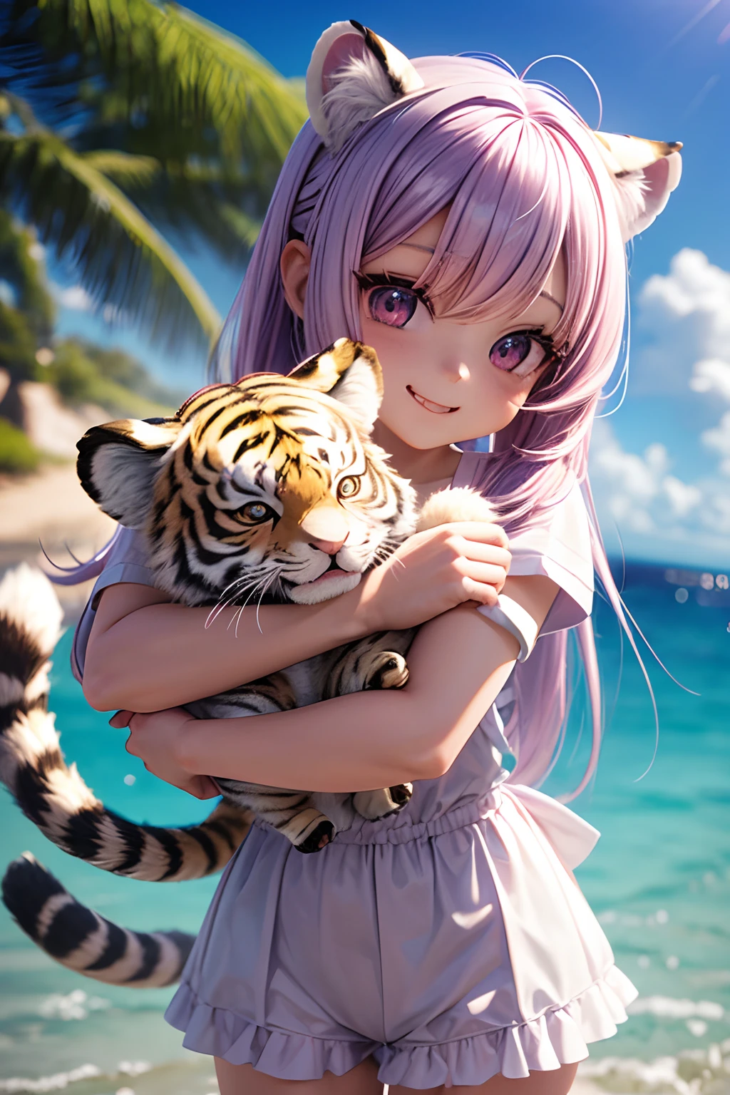 Cute Chibi Anime、(((Chibi 3D))) (Best Quality), (masutepiece)、Light Purple Hairstyles、Chibi Showhouse、A detailed face、relax、Tiger ears、banya、Hug a fluffy baby tiger、Icharlie、、Mofumofu White Tiger、White-purple hair、Devil's Child、A smile、Cute girl hugging a tiger tightly、Of course, Tramochibi Show House Specifications