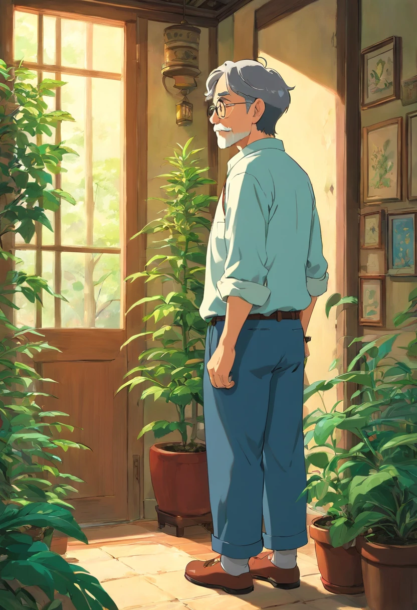 Cartoon of a man standing in a room with a plant in the corner, in style of hayao miyazaki, Miyazaki style, in style of hayao miyazaki, Miyazaki's animation style, incredible miyazaki, miyazaki's animated film, miyazaki movie, author：hiyao miyazaki, inspired by Miyazaki，on  back，Lateral face