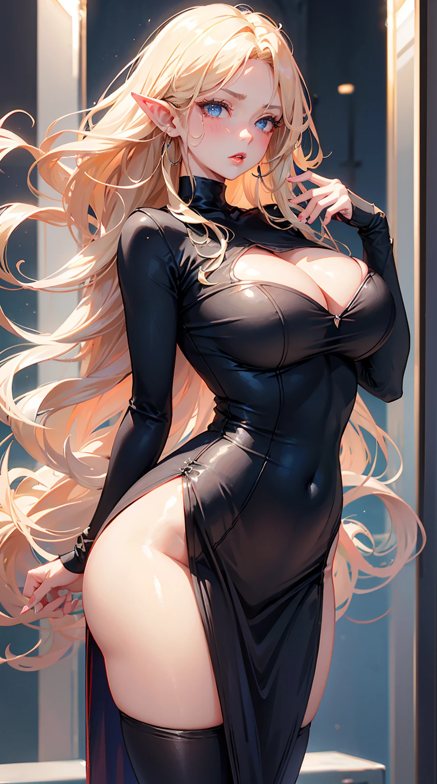 1 woman milf “"Giant breasts" + "large rear" + "wide hips" + "plump thighs" + "blue eyes" + Pointy ears + Very blushing + Vertical scar on right eye (("serious expression")) + "Longcurly blonde Hair" + "Red Lips" + "Lucious Lips"”)}, {“Outfit”: tight black wool blouse})