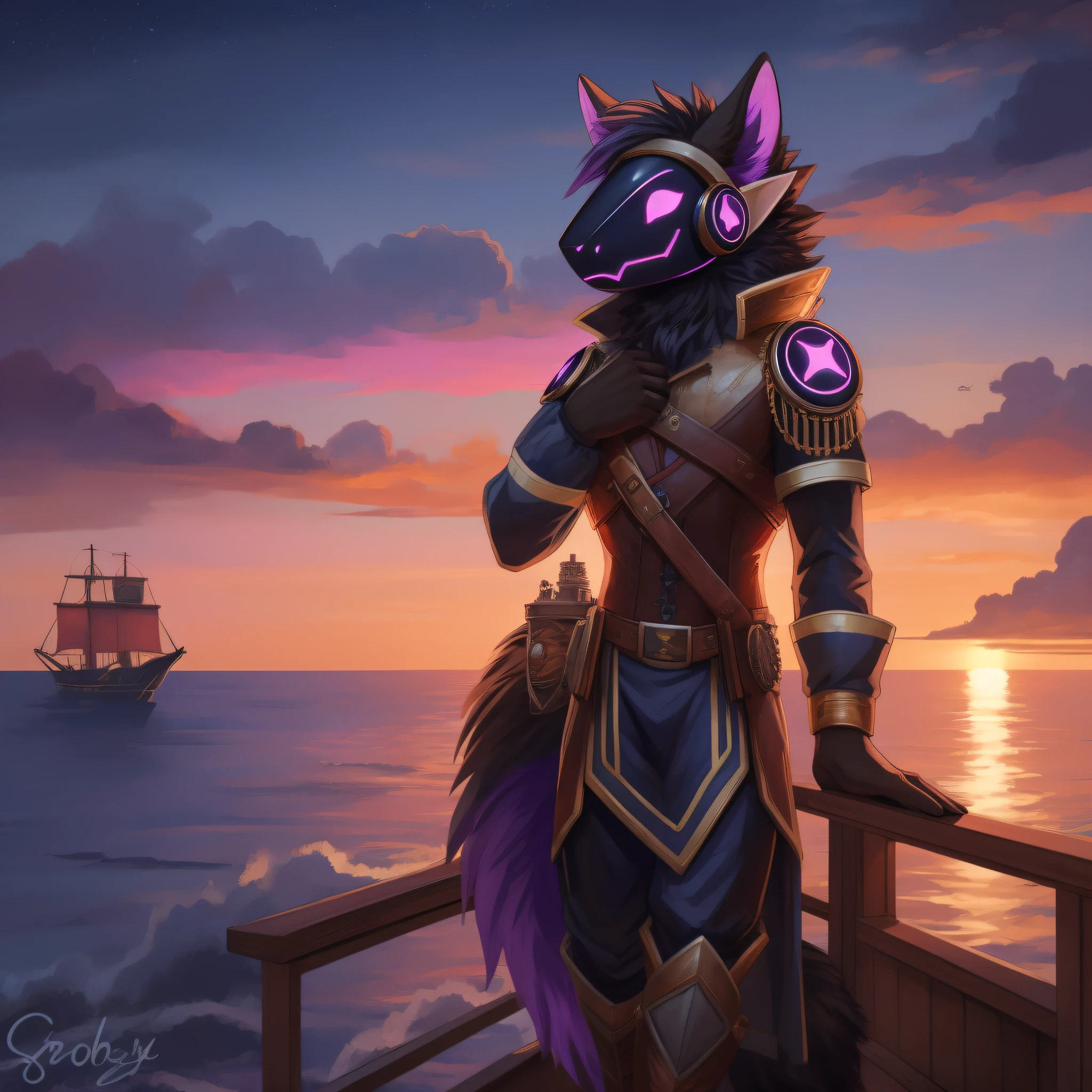 Protogen, furry art, masterpiece, great anatomy, black fur, neon purple details, detailed background, industrial revolution, sunset, fluffy tail, male, wearing a black captain outfit, solo, large wooden ship, steampunk, ocean