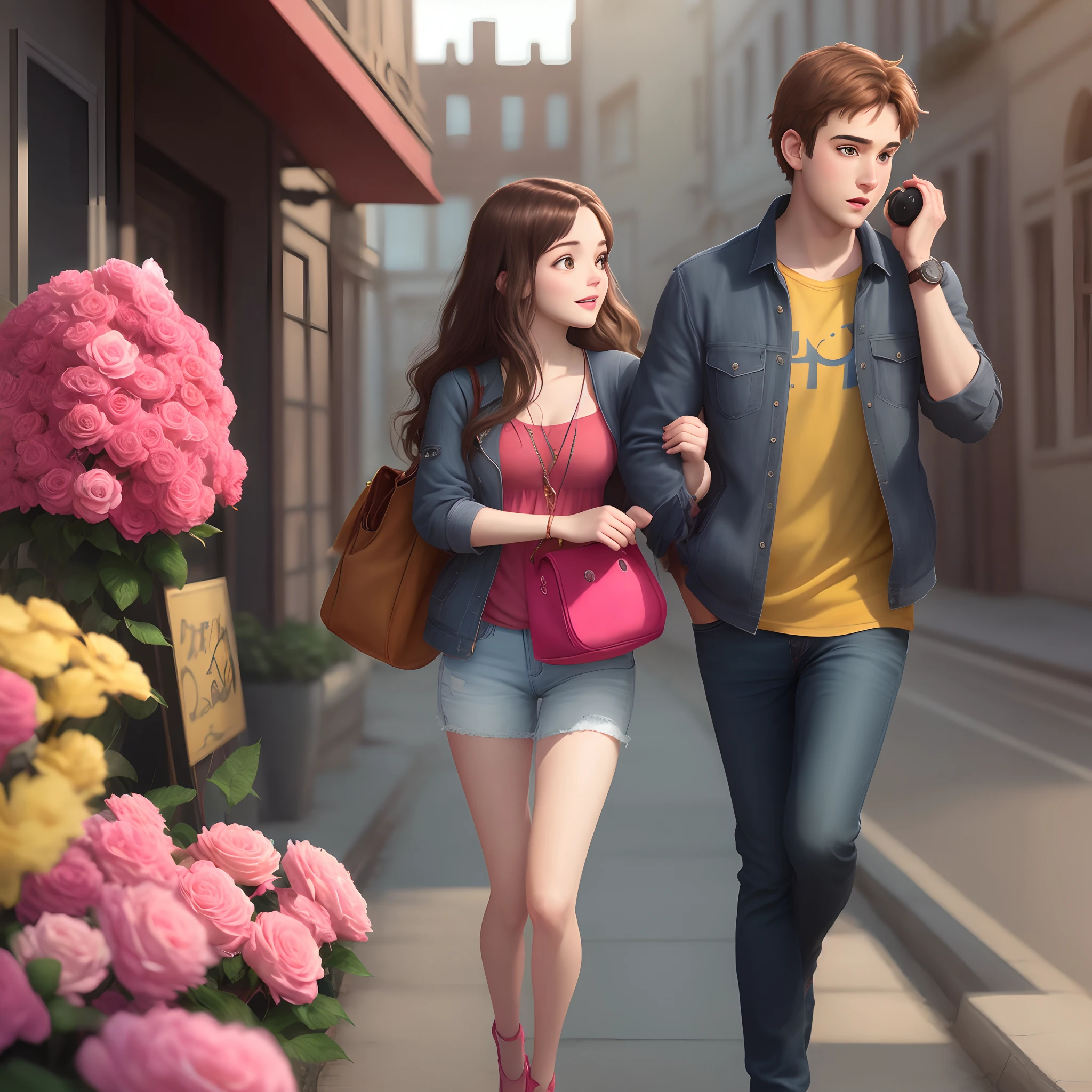 Imagen estilo Pixar con un joven dando unas rosas a una chica y un reloj en la otra mano