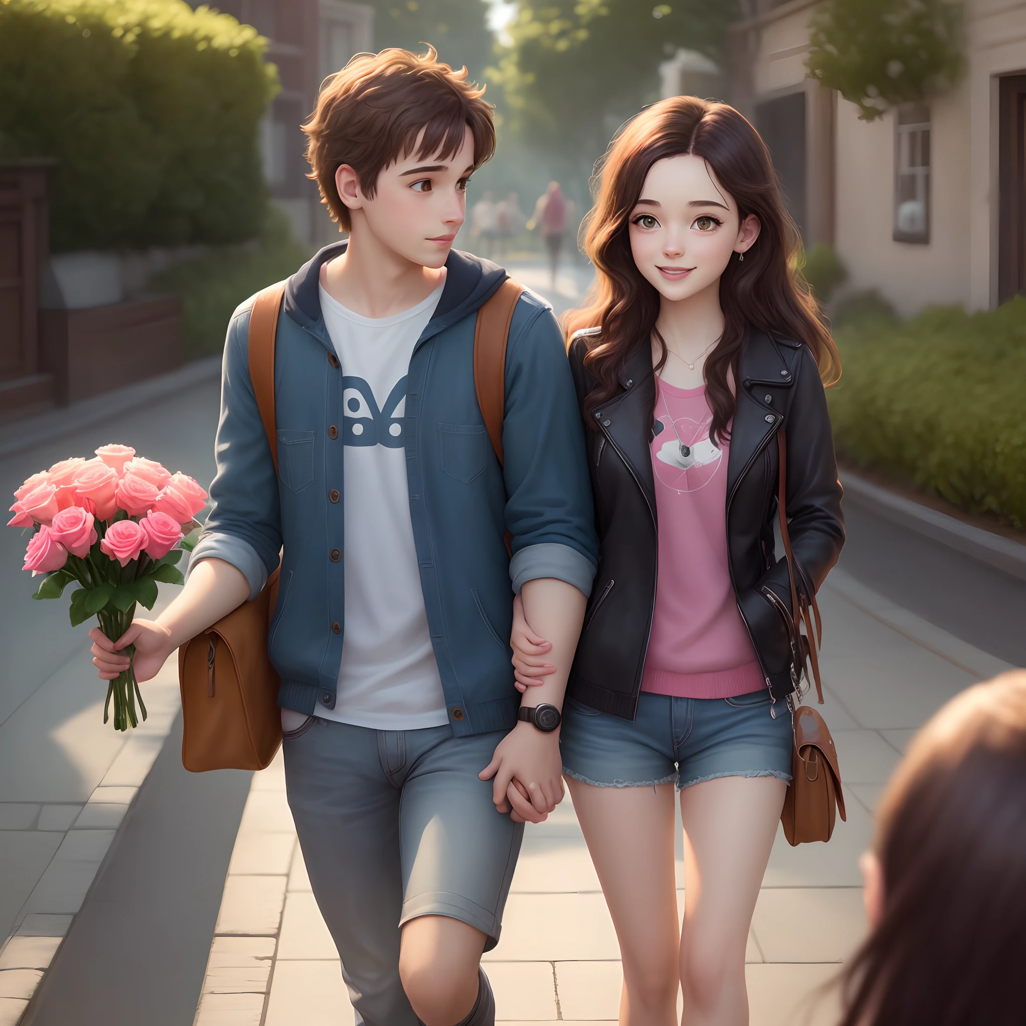 Imagen estilo Pixar con un joven dando unas rosas a una chica y un reloj en la otra mano