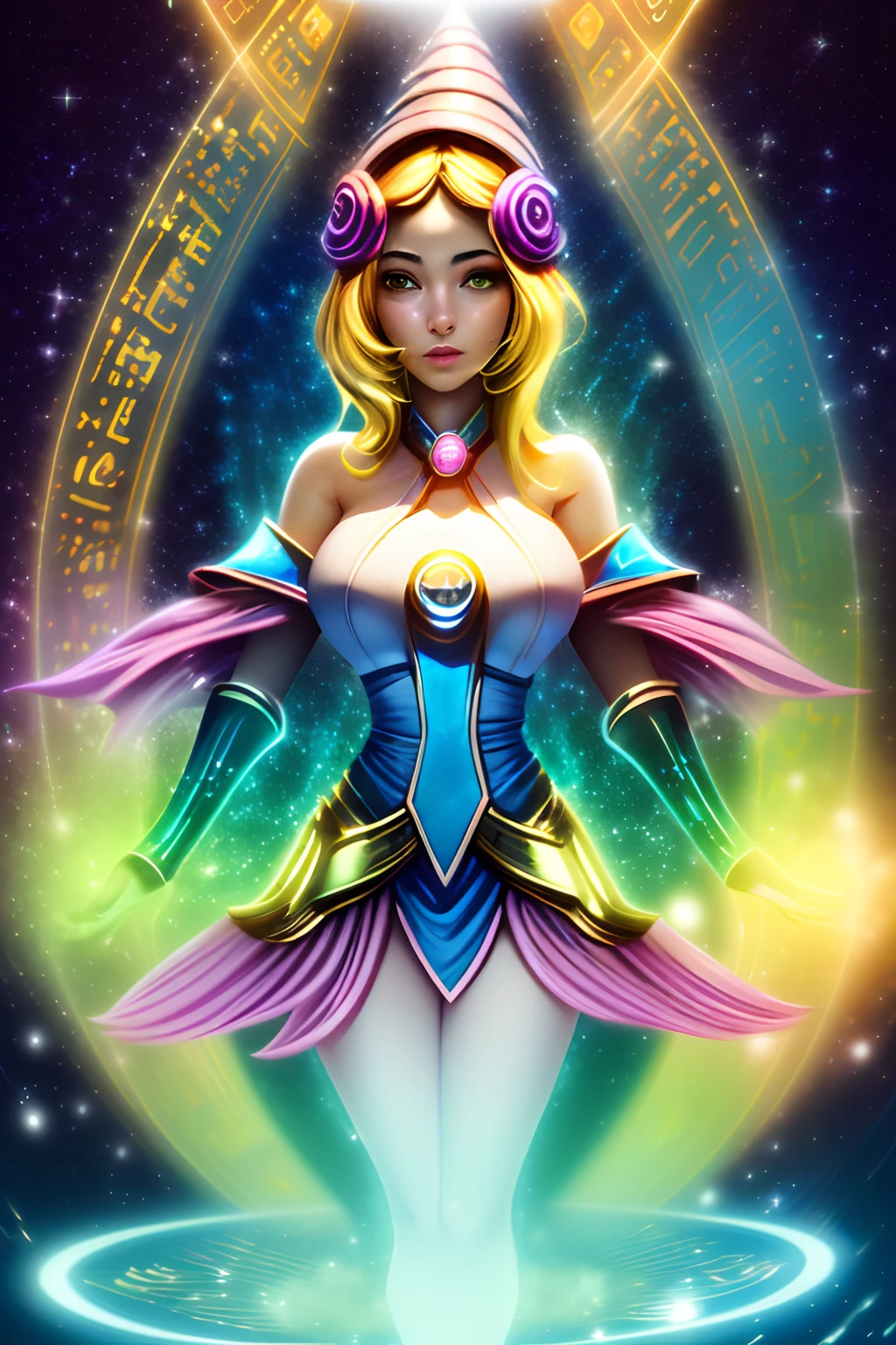 ((La mejor calidad)), ((Obra maestra)), ((realista)), retrato, dark magician gils.
1girl, celestial, Deidad, diosa, light particles, halo, Mirando al espectador,
(bioluminiscente:0.95), Vibrante, Colorido, Color, (resplandeciente, resplandecer),
(beautiful composition), cinematic lighting, intrincado, (Symmetrical:0.5), Caprichoso,