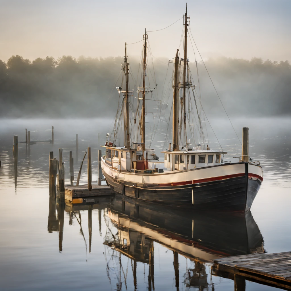 a small modern fishing schooner on a small pier, north USA, modern days, summer, slightly foggy morning, soft sunlight, realistic, photorealistic, cinematic, soft colors