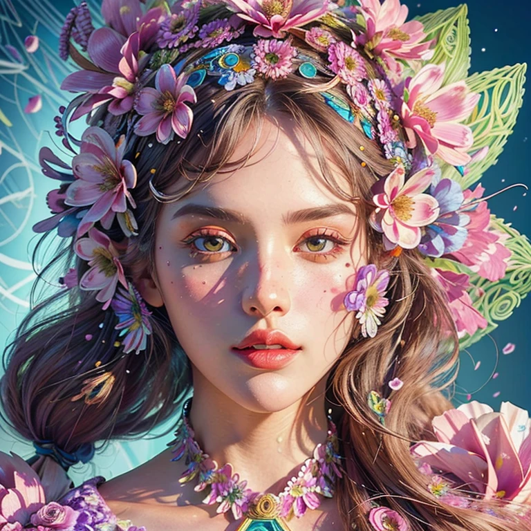 (hyper detailed background, Detailed background), absurderes, hight resolution, ultra-detailliert, ighly detailed, 1model woman in, stylish,high fashion,(Bunch of flowers:1.3), (Zentangle:1.2), (Geometric:1.2),(Colorful), Splash Art