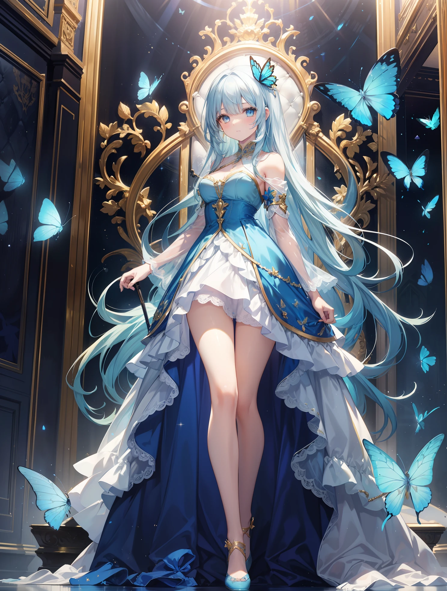 Ultra-realistic photo of a girl in a majestic light blue and gold prom dress dress, big beautiful dress, Intricate fluffy prom dresses，There are a lot of frills and rhinestones (Best quality, masutepiece, Blue butterfly, art  stations, Fantasy art:1.2), Palace Rooms, Beautiful cute girl, (White long hair:1.1), (Complex golden skirt, Bare legs:1.2, Full body shot)