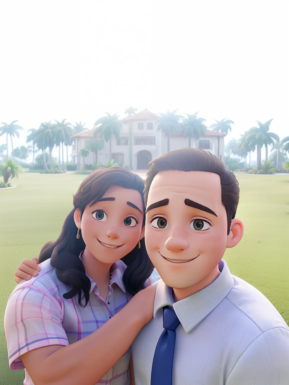 Young man in social and tie next to his mother. Feliz. Lawn and palm trees in the background and behind the palm trees a hall of winds.