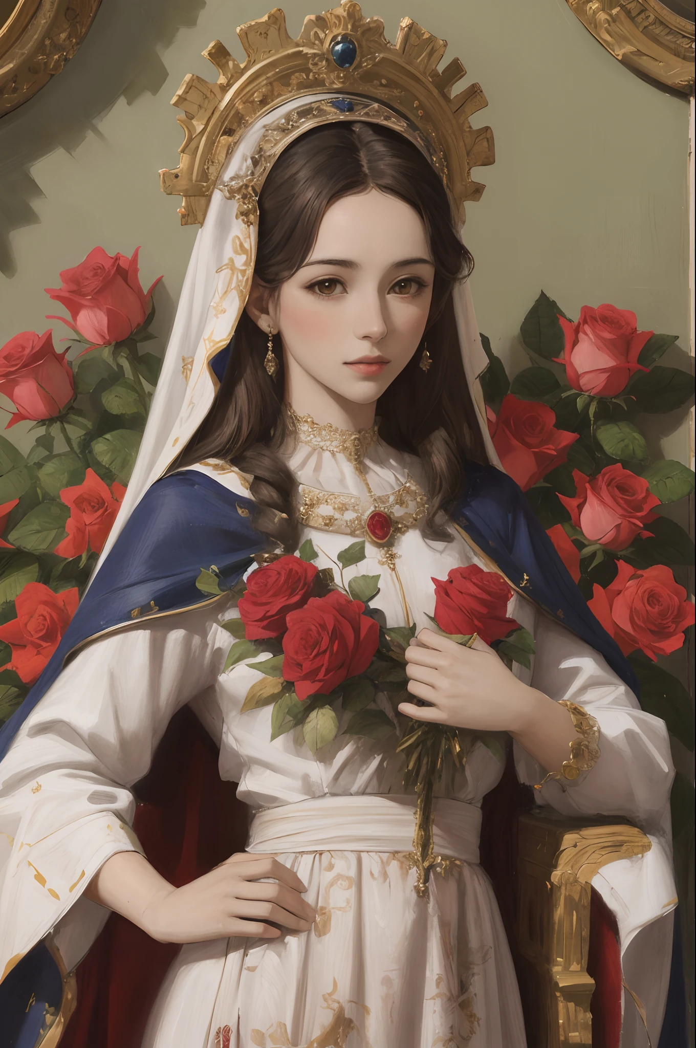 The Virgin of Guadalupe with Roses Colored Oil Painting, alta definicion, high resolusion, super realista, rosas rojas y amarillas.