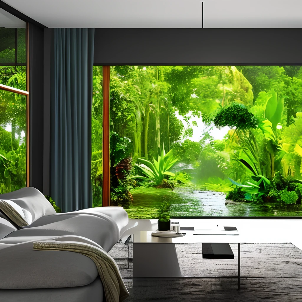 Uma sala ampla e moderna, ultra realista, 4k, A large glass door with a view of tropical jungle in heavy rain
